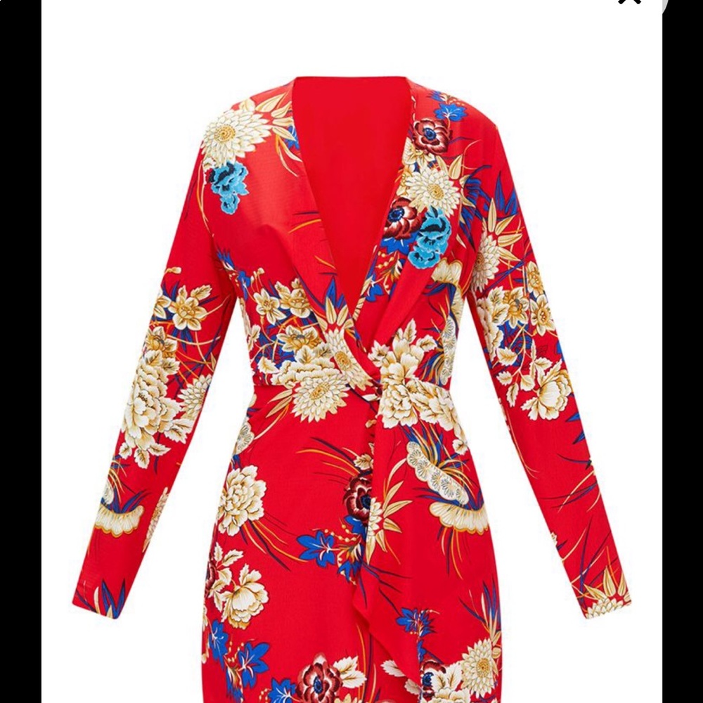 Red Floral Long Sleeve Wrap Dress SIZE UK 6 / US 2